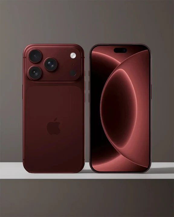 Front and back view of a burgundy concept phone showing slim screen bezels and a triple-lens rear layout