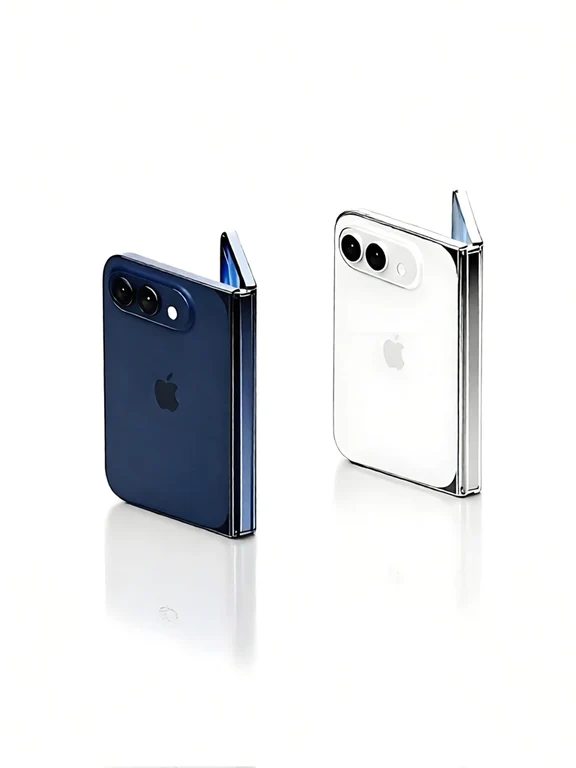 Foldable iPhone units in dark blue and starlight white standing upright partially opened on a reflective surface