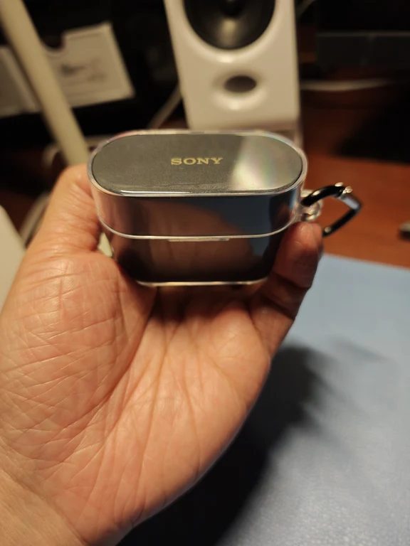 Hand holding a black Sony earphone case fitted in a transparent protective clip cover