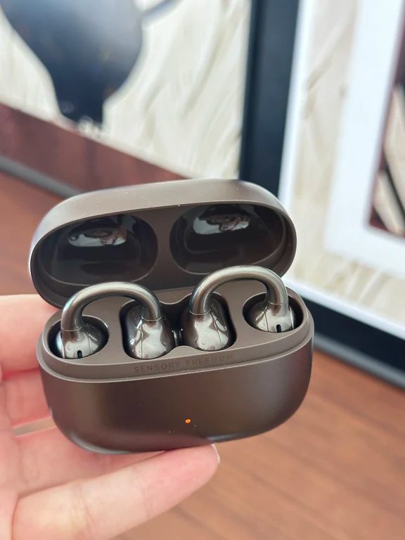 Dark brown open-ear clip headphones resting inside their open charging case.
