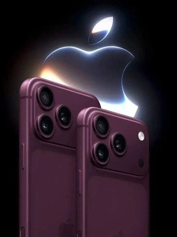 Two burgundy concept smartphones angled in front of an illuminated Apple logo background