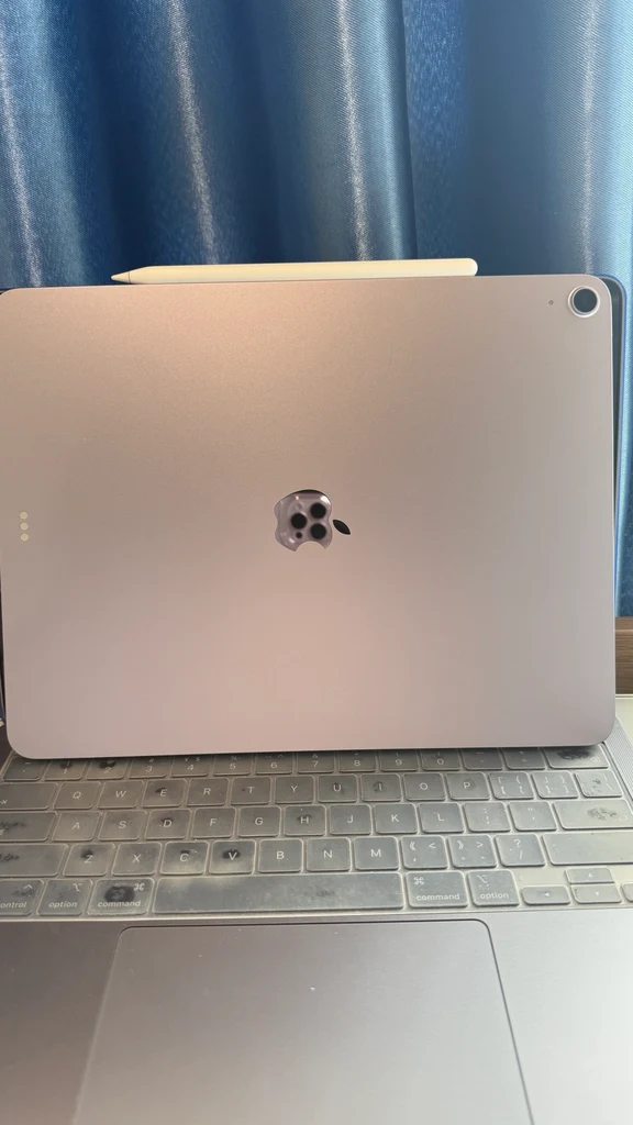 Back panel of an iPad Air attached to a keyboard case with a stylus attached on top