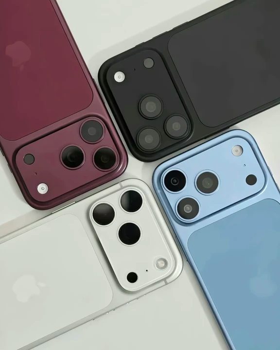 Four conceptual smartphone prototypes in burgundy, black, white, and light blue showing extended rear camera modules