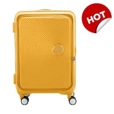 A bright yellow American Tourister Curio hardshell suitcase with circular ripple pattern