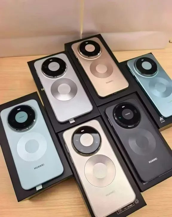 Six smartphones in open retail packaging showing round camera rings in multiple color options