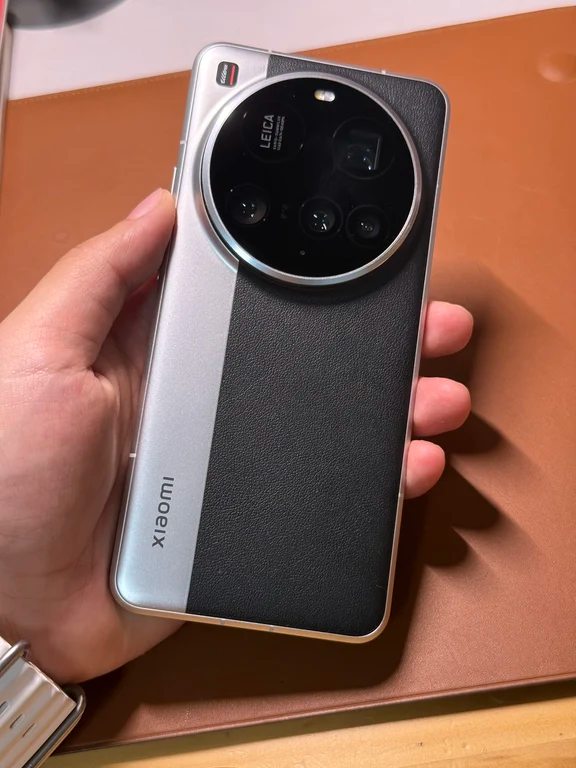 Hand holding a silver and black leather-backed flagship phone with a large circular Leica camera module
