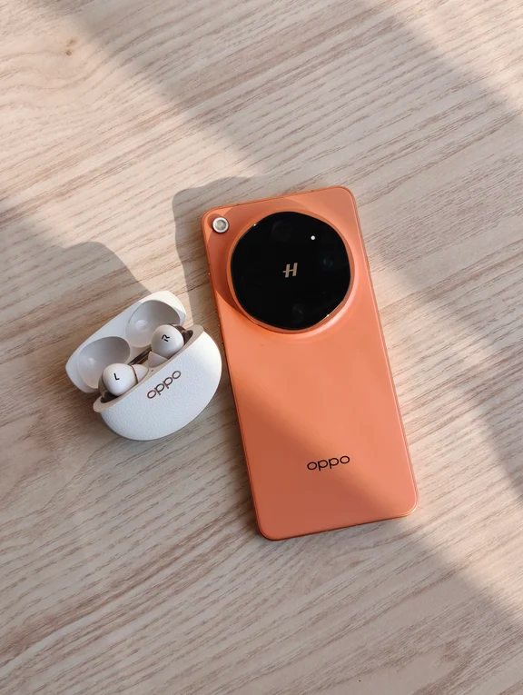 Orange leather-textured smartphone next to open white Oppo Enco wireless earbud case on wood table
