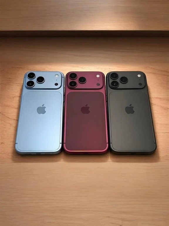 Three concept smartphones aligned side by side in blue, burgundy, and dark grey finishes
