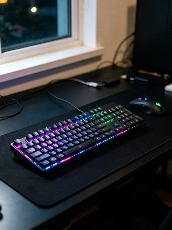 Black mechanical gaming keyboard with RGB lighting beside a mouse on a dark desk