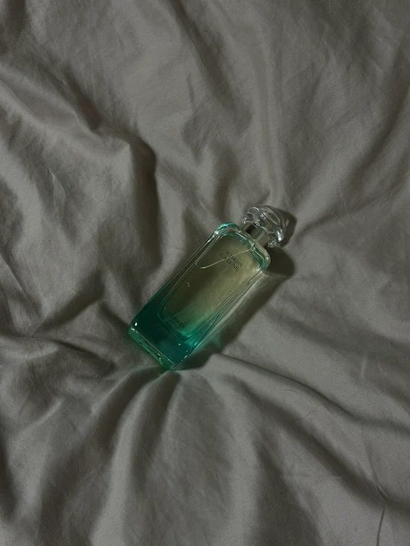 Hermes Un Jardin Sur Le Nil perfume bottle lying on a neutral fabric surface