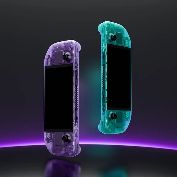 Two Steam Deck handhelds with transparent purple and green shells shown in mid-air